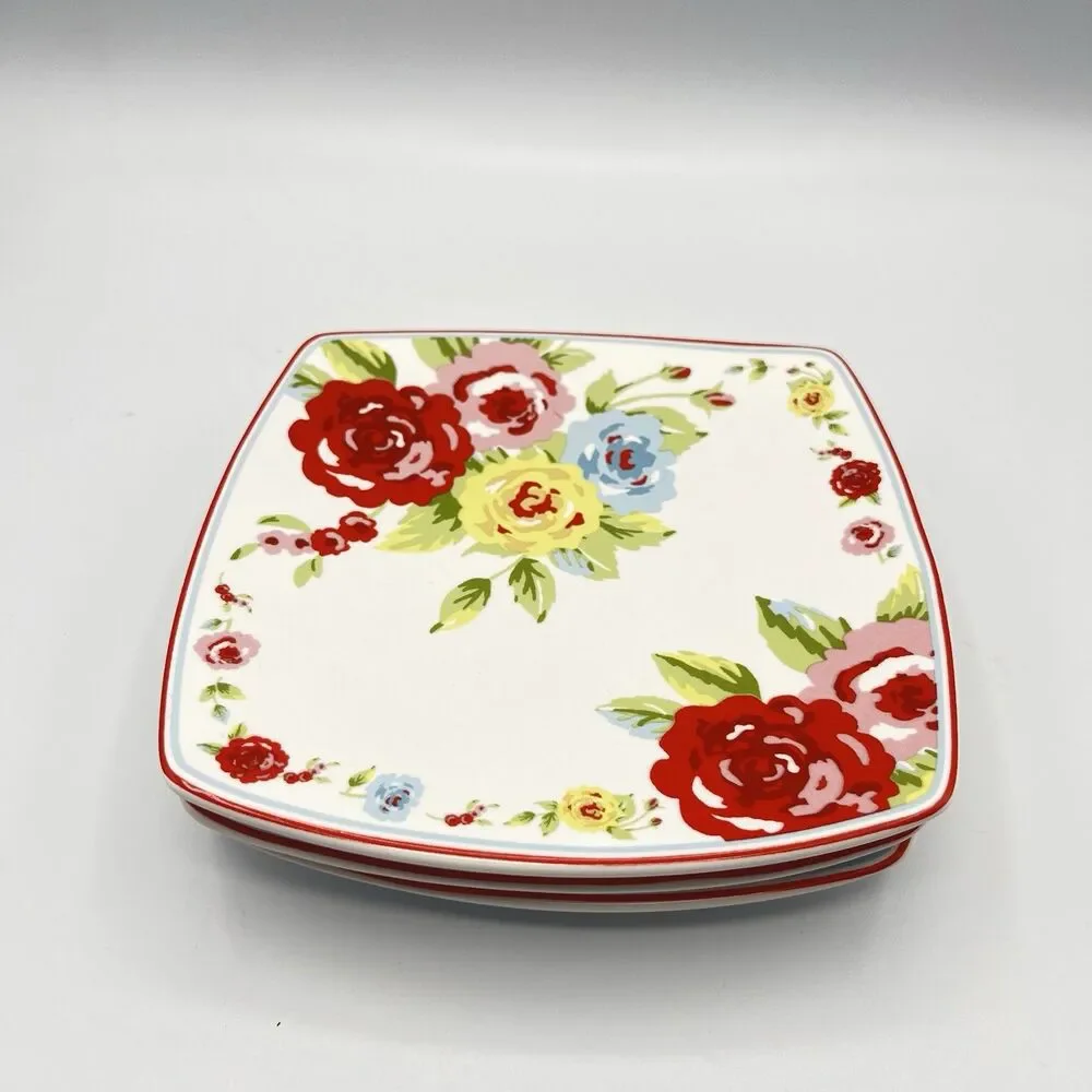 Shabby Chic Roses Small 6” Plates Square Appetizer Set of 3 Country Cottage